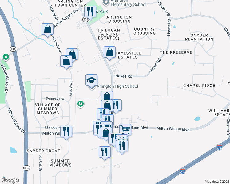 map of restaurants, bars, coffee shops, grocery stores, and more near 5510 Airline Road in Arlington