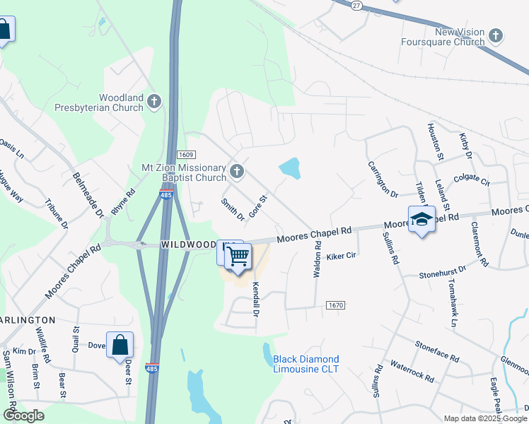 map of restaurants, bars, coffee shops, grocery stores, and more near 9223 Old Moores Chapel Road in Charlotte