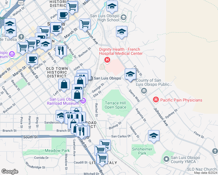 map of restaurants, bars, coffee shops, grocery stores, and more near 1189 Ella Street in San Luis Obispo