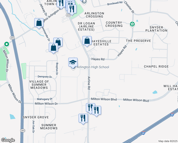 map of restaurants, bars, coffee shops, grocery stores, and more near 5475 Airline Road in Arlington