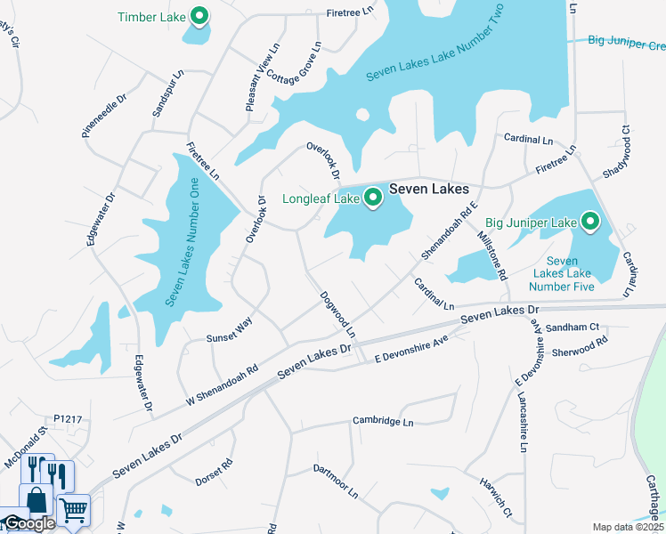 map of restaurants, bars, coffee shops, grocery stores, and more near Barberry Court in Seven Lakes