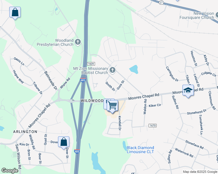 map of restaurants, bars, coffee shops, grocery stores, and more near 9329 Smith Drive in Charlotte