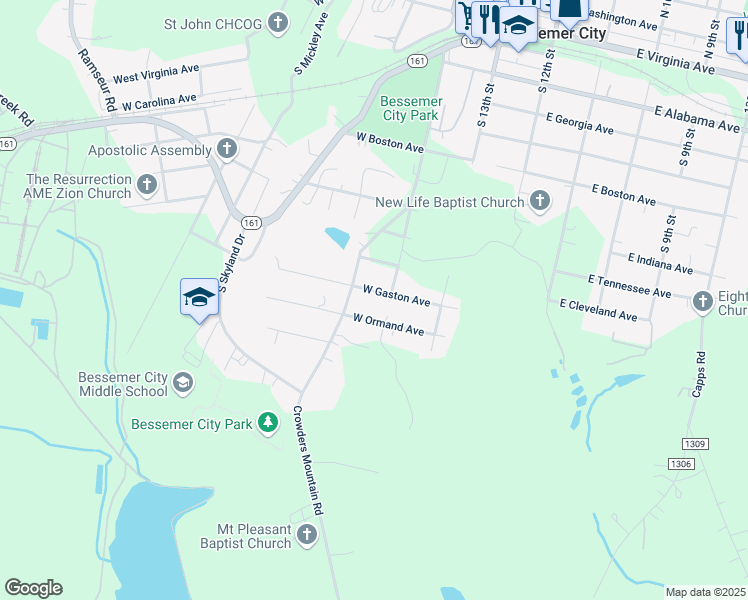 map of restaurants, bars, coffee shops, grocery stores, and more near 209 West Gaston Avenue in Bessemer City
