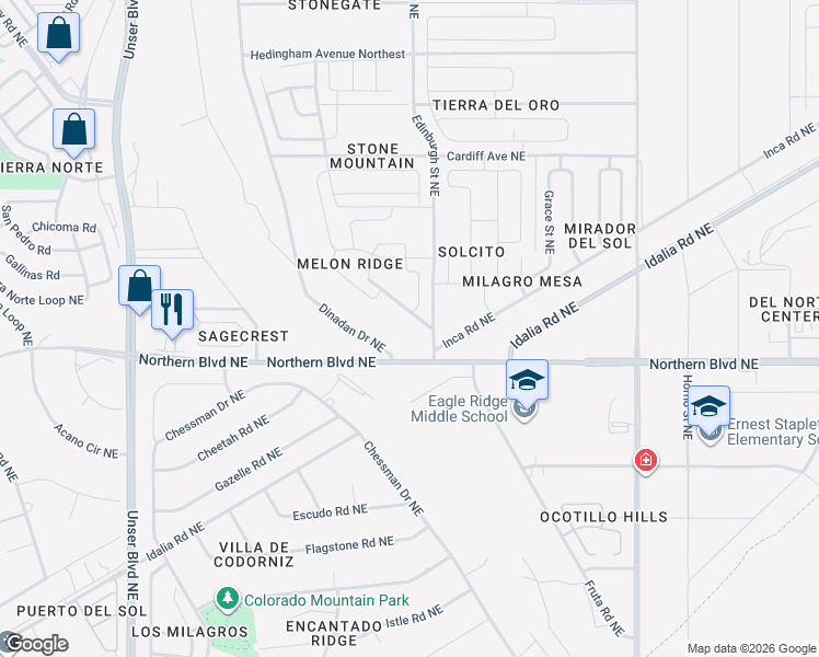 map of restaurants, bars, coffee shops, grocery stores, and more near 1009 Melon Ridge Loop Northeast in Rio Rancho