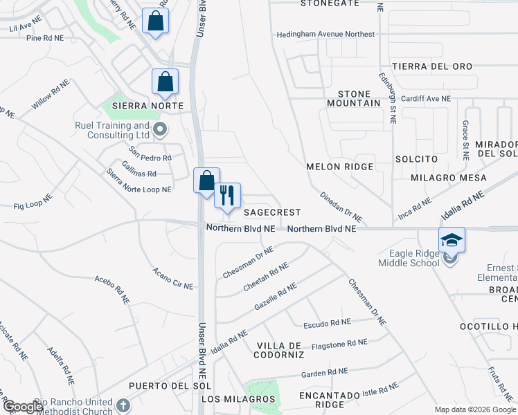 map of restaurants, bars, coffee shops, grocery stores, and more near 2128 Sagecrest Loop in Rio Rancho