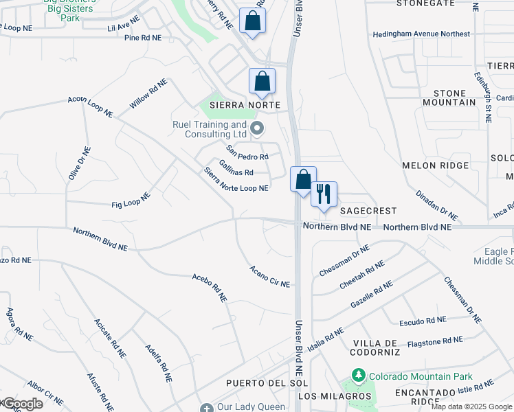 map of restaurants, bars, coffee shops, grocery stores, and more near 1813 Northern Boulevard Northeast in Rio Rancho