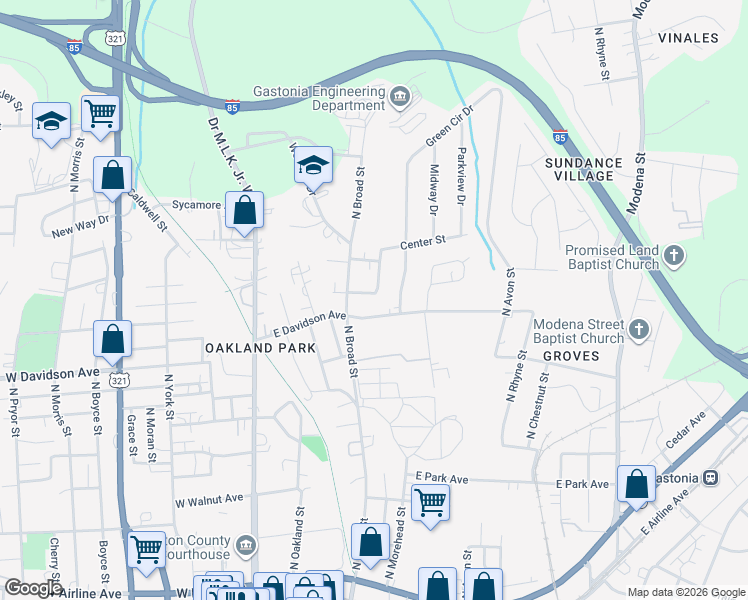 map of restaurants, bars, coffee shops, grocery stores, and more near 307 Linden Circle in Gastonia