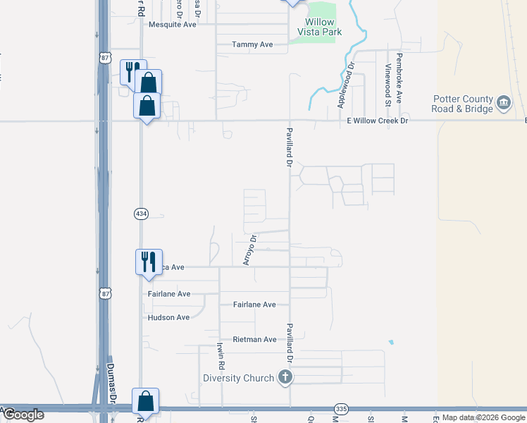 map of restaurants, bars, coffee shops, grocery stores, and more near 6724 Arroyo Drive in Amarillo