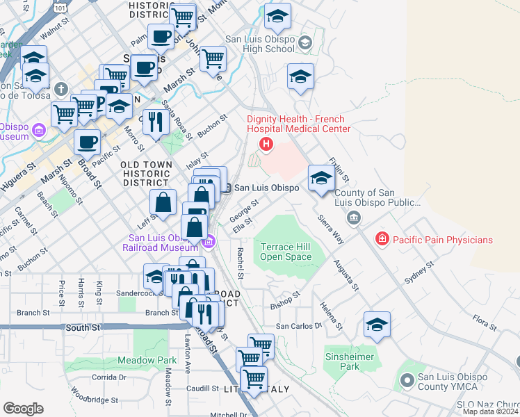 map of restaurants, bars, coffee shops, grocery stores, and more near 1144 Ella Street in San Luis Obispo