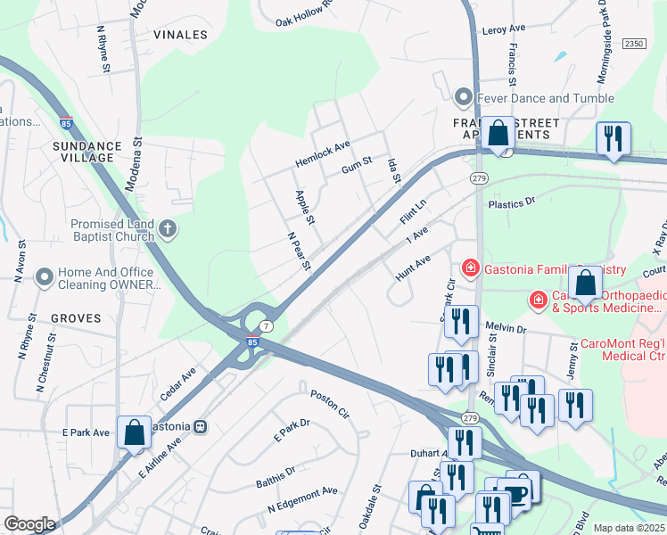 map of restaurants, bars, coffee shops, grocery stores, and more near 1707 East Ozark Avenue in Gastonia