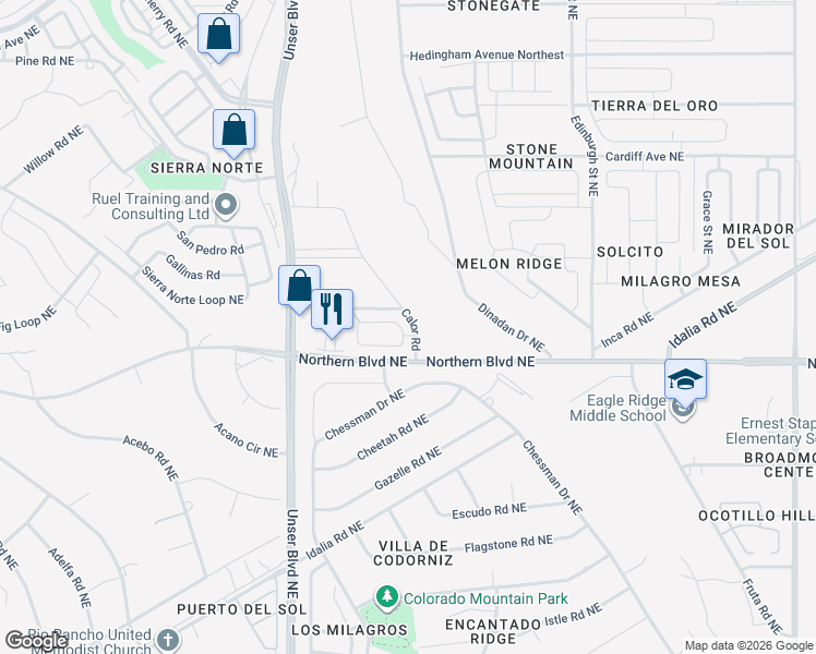 map of restaurants, bars, coffee shops, grocery stores, and more near 2101 Sagecrest Loop in Rio Rancho