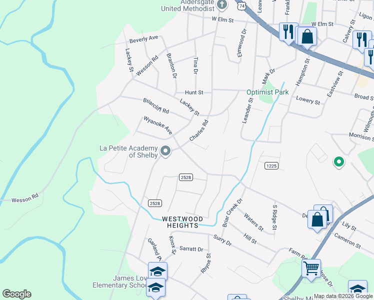 map of restaurants, bars, coffee shops, grocery stores, and more near 825 Charles Road in Shelby