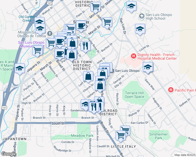 map of restaurants, bars, coffee shops, grocery stores, and more near 972 Church Street in San Luis Obispo