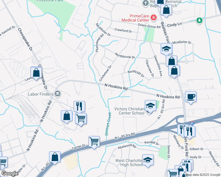 map of restaurants, bars, coffee shops, grocery stores, and more near in Charlotte