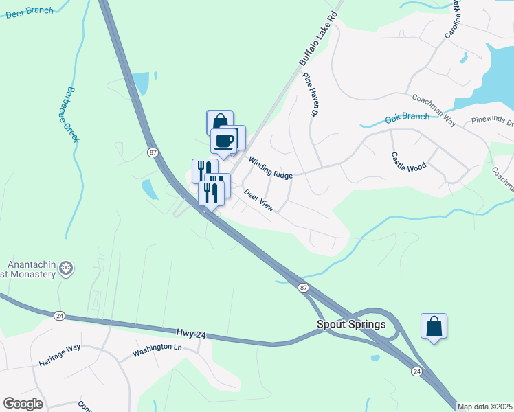 map of restaurants, bars, coffee shops, grocery stores, and more near 182 Deer View in Sanford