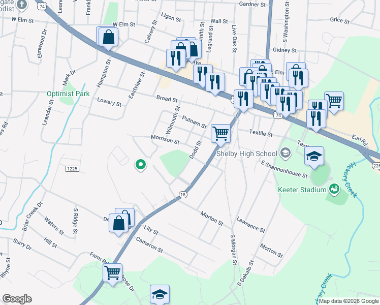 map of restaurants, bars, coffee shops, grocery stores, and more near 1204 Dodd Street in Shelby