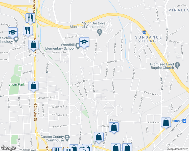 map of restaurants, bars, coffee shops, grocery stores, and more near 906 North Broad Street in Gastonia