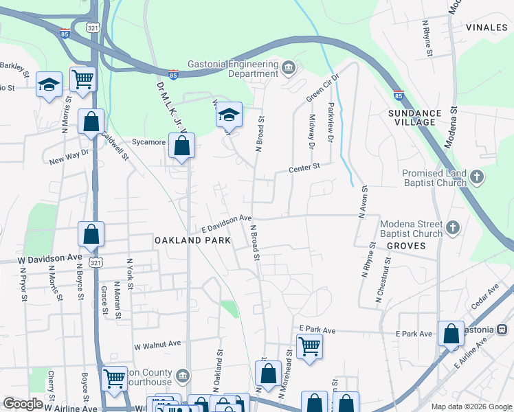 map of restaurants, bars, coffee shops, grocery stores, and more near 307 Linden Circle in Gastonia