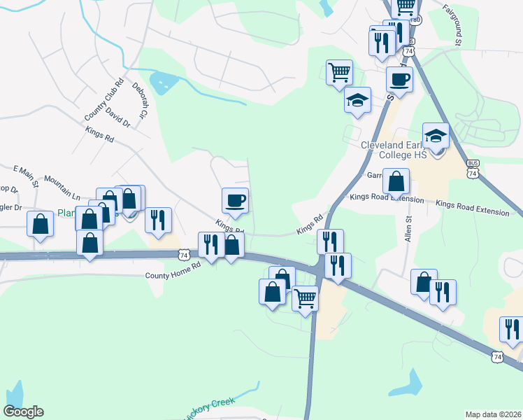 map of restaurants, bars, coffee shops, grocery stores, and more near 100 Abbington Lane in Shelby