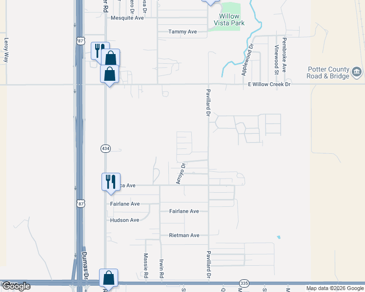 map of restaurants, bars, coffee shops, grocery stores, and more near 6724 Arroyo Drive in Amarillo