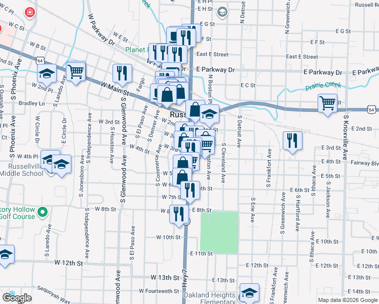 map of restaurants, bars, coffee shops, grocery stores, and more near 351 Highway 7 in Russellville