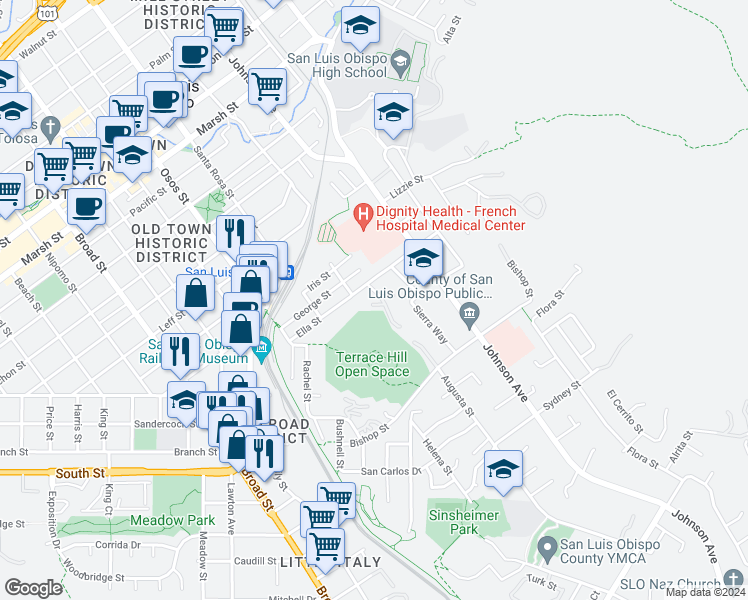 map of restaurants, bars, coffee shops, grocery stores, and more near 1230 Kristy Court in San Luis Obispo