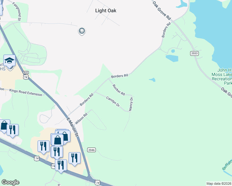 map of restaurants, bars, coffee shops, grocery stores, and more near 1910 Rucker Road in Shelby