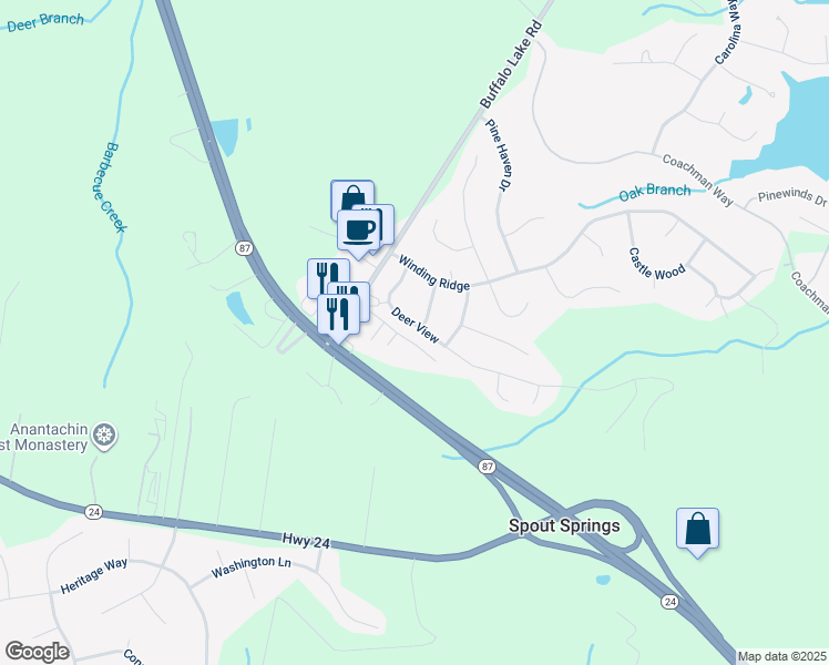 map of restaurants, bars, coffee shops, grocery stores, and more near 182 Deer View in Sanford