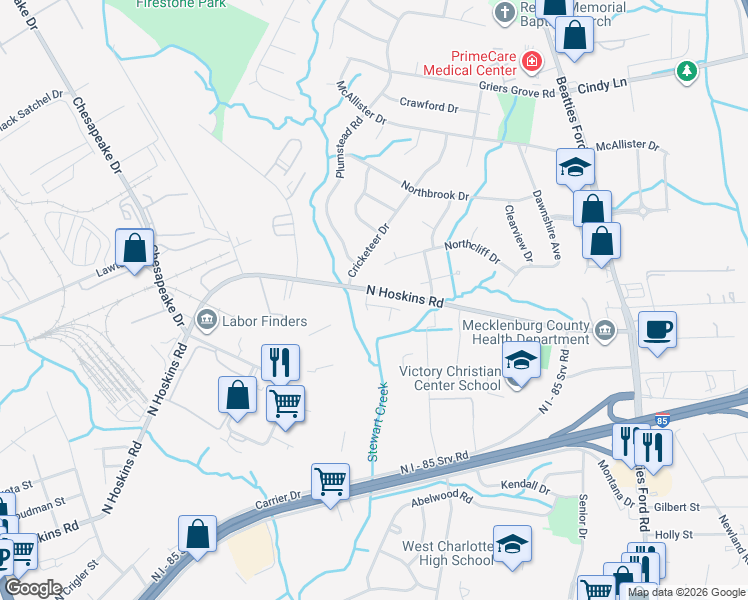 map of restaurants, bars, coffee shops, grocery stores, and more near in Charlotte