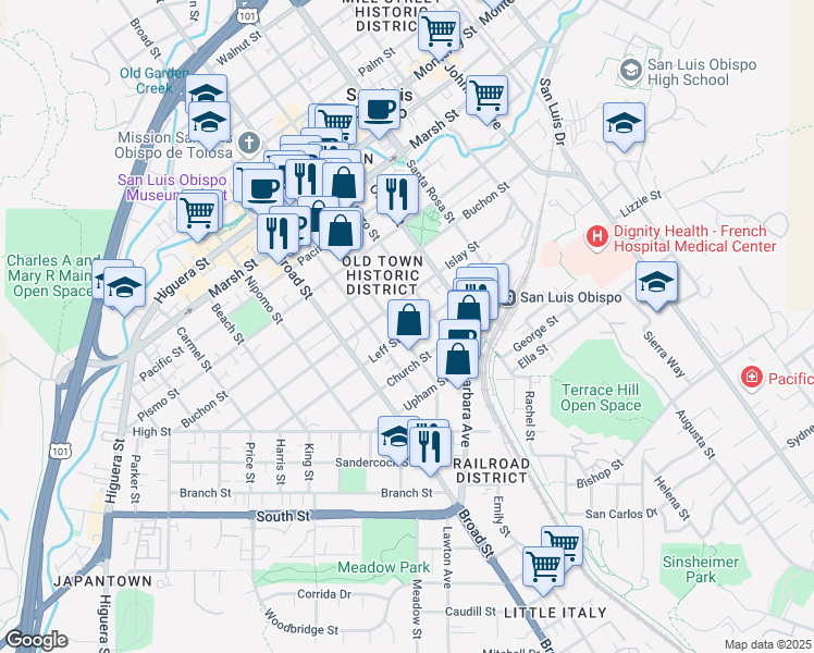 map of restaurants, bars, coffee shops, grocery stores, and more near 850 Leff Street in San Luis Obispo