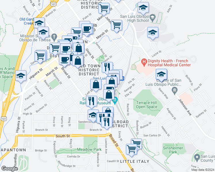 map of restaurants, bars, coffee shops, grocery stores, and more near 1789 Santa Barbara Avenue in San Luis Obispo