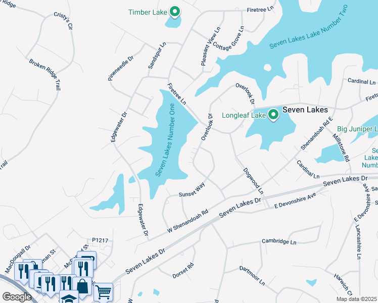 map of restaurants, bars, coffee shops, grocery stores, and more near 162 Overlook Drive in Seven Lakes