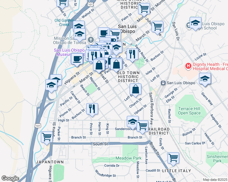 map of restaurants, bars, coffee shops, grocery stores, and more near 1513 Broad St in San Luis Obispo