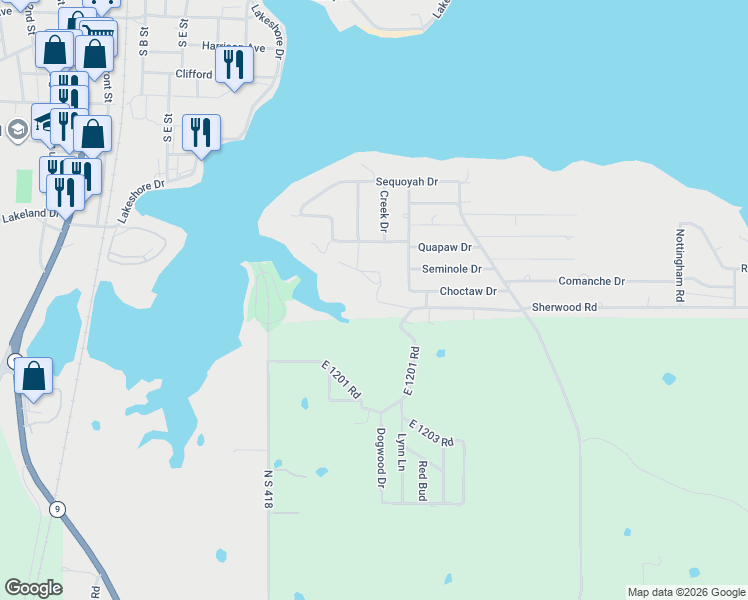 map of restaurants, bars, coffee shops, grocery stores, and more near 833 Shawnee Drive in Eufaula