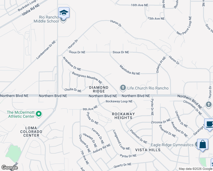 map of restaurants, bars, coffee shops, grocery stores, and more near 4328 Bentgrass Meadow Drive Northeast in Rio Rancho