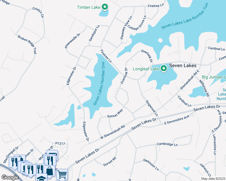 map of restaurants, bars, coffee shops, grocery stores, and more near 162 Overlook Drive in Seven Lakes