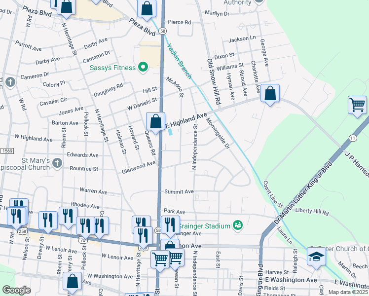 map of restaurants, bars, coffee shops, grocery stores, and more near 1311 McAdoo Street in Kinston