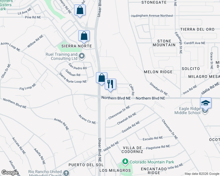 map of restaurants, bars, coffee shops, grocery stores, and more near 2130 Autumn Sage Avenue Northeast in Rio Rancho
