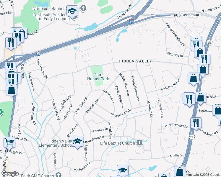 map of restaurants, bars, coffee shops, grocery stores, and more near 1516 Pondella Drive in Charlotte