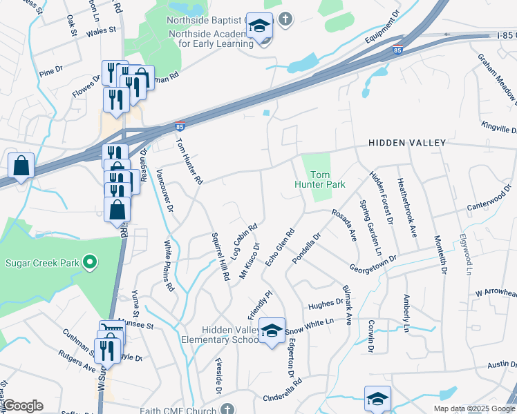 map of restaurants, bars, coffee shops, grocery stores, and more near 1239 Log Cabin Road in Charlotte