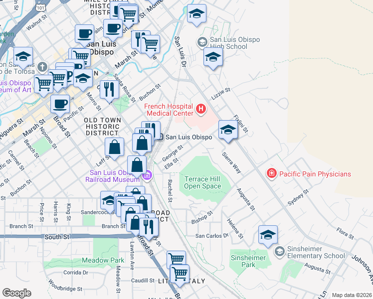 map of restaurants, bars, coffee shops, grocery stores, and more near 1144 Ella Street in San Luis Obispo