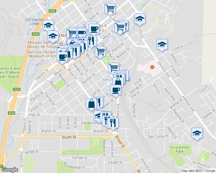 map of restaurants, bars, coffee shops, grocery stores, and more near 972 Church Street in San Luis Obispo