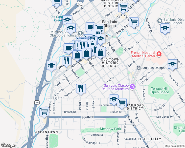 map of restaurants, bars, coffee shops, grocery stores, and more near 1438 Nipomo Street in San Luis Obispo