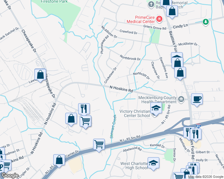 map of restaurants, bars, coffee shops, grocery stores, and more near in Charlotte