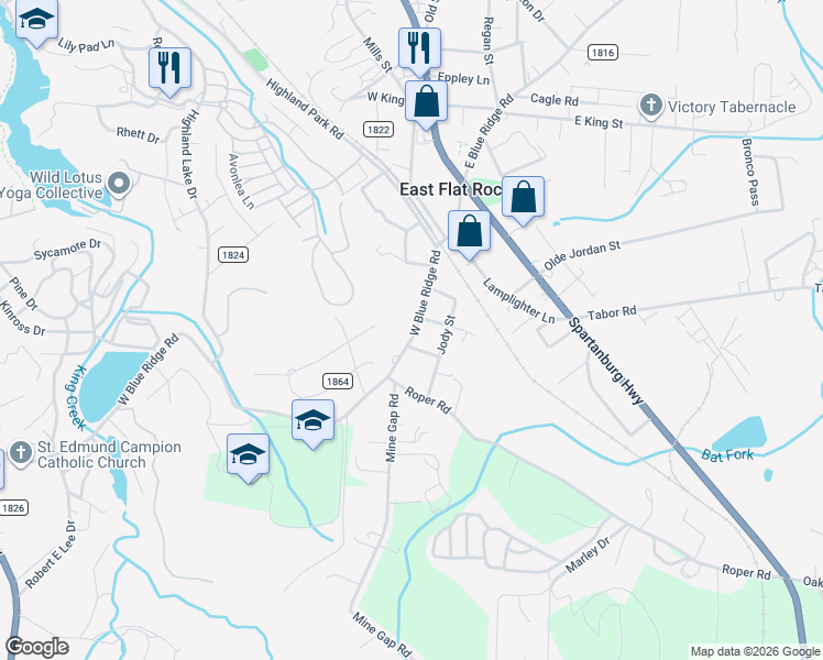 map of restaurants, bars, coffee shops, grocery stores, and more near 605 County Road 1812 in East Flat Rock