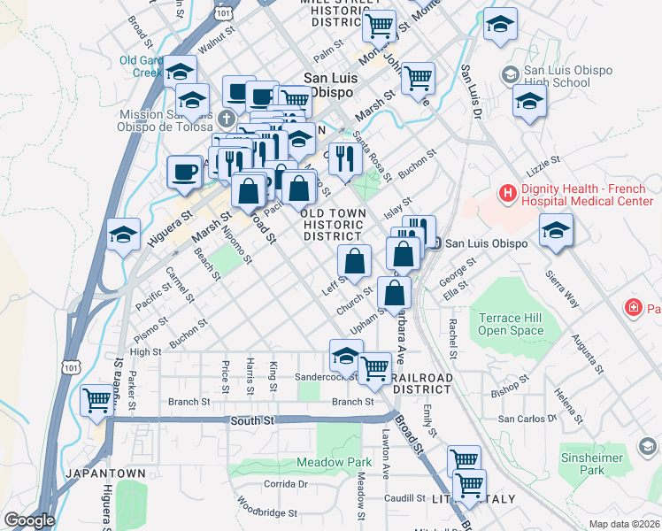 map of restaurants, bars, coffee shops, grocery stores, and more near 785 Islay Street in San Luis Obispo