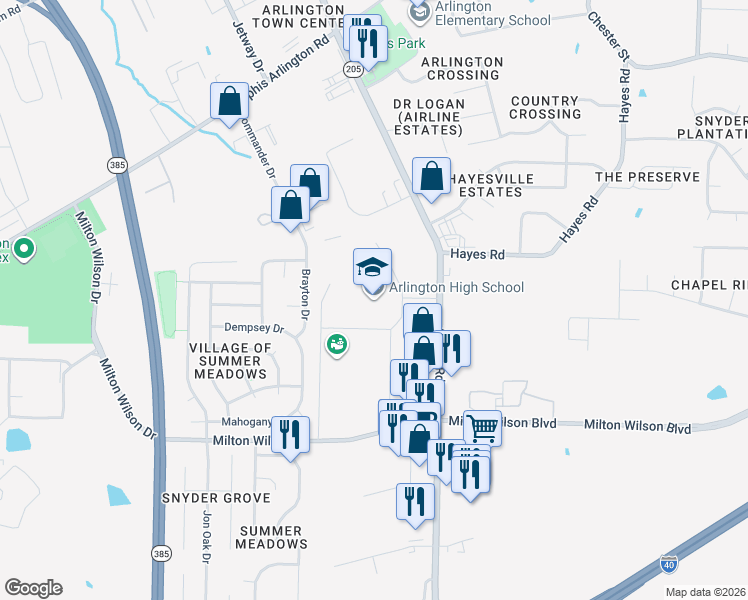 map of restaurants, bars, coffee shops, grocery stores, and more near 5475 Airline Road in Arlington