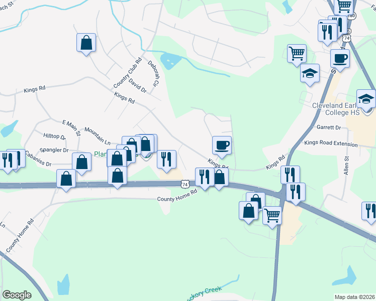 map of restaurants, bars, coffee shops, grocery stores, and more near 2014 Kings Road in Shelby