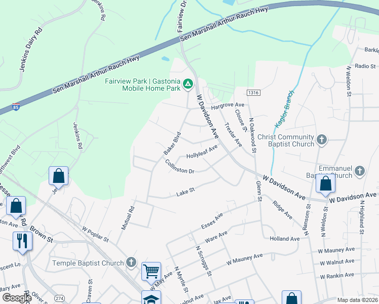 map of restaurants, bars, coffee shops, grocery stores, and more near 1510 Holly Leaf Avenue in Gastonia