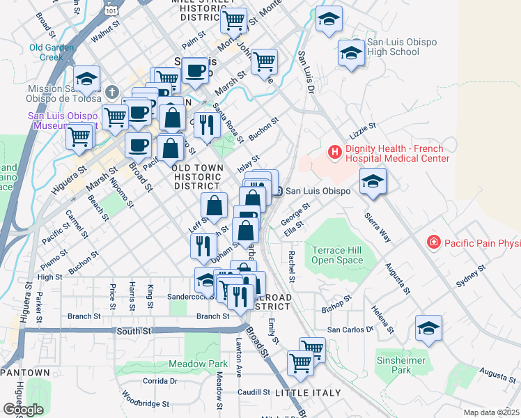 map of restaurants, bars, coffee shops, grocery stores, and more near 1814 Osos Street in San Luis Obispo